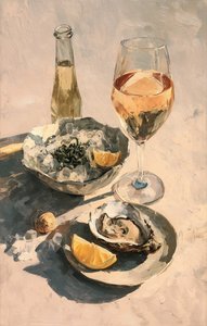 Digital Painting Still Life Oysters Wine Glass Aesthetic