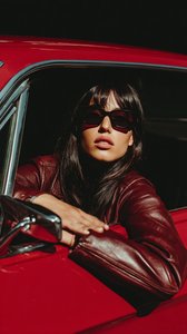 Cinematic Hispanic Woman Leather Jacket Red Car Portrait