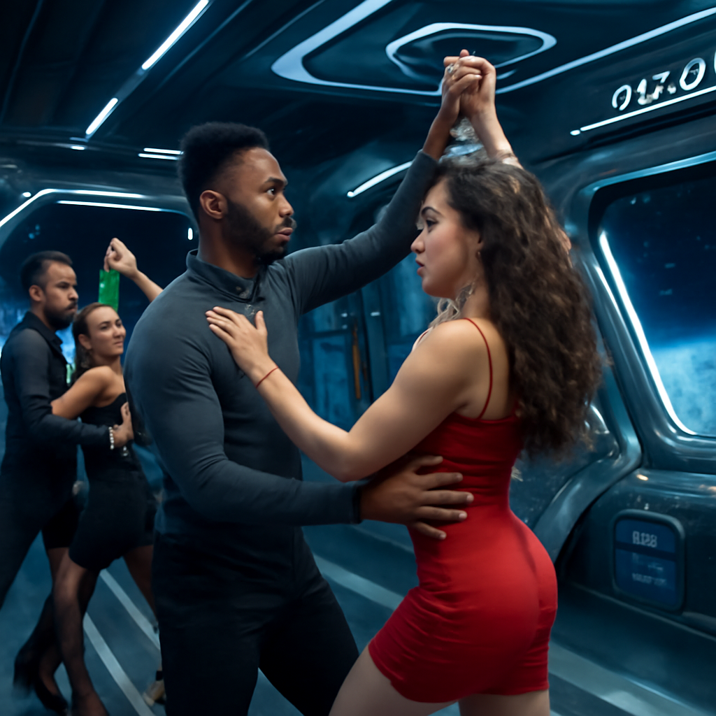 African-American Man Dancing with Hispanic Woman in Space