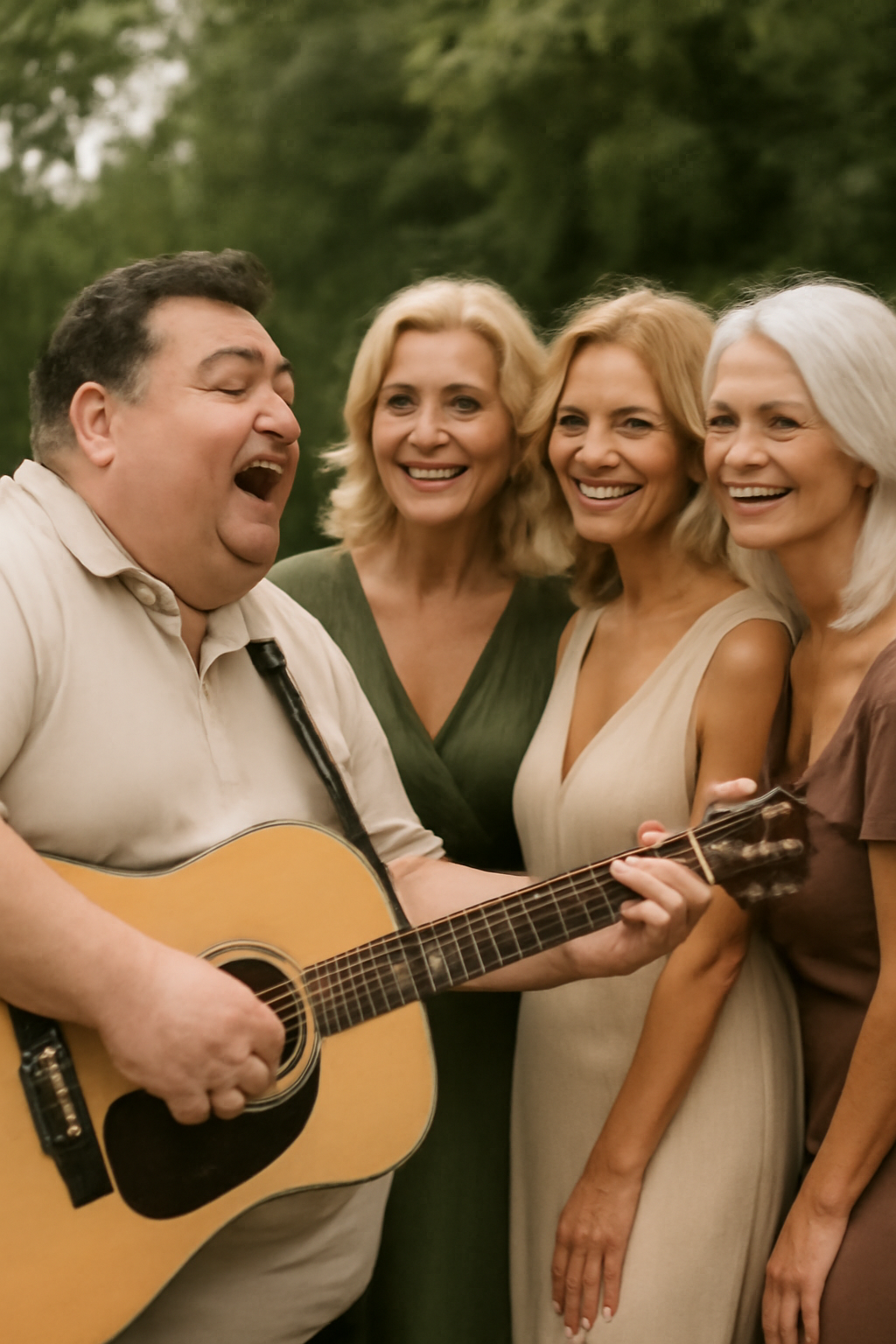 Caucasian Man Playing Guitar with Women Smiling Portrait