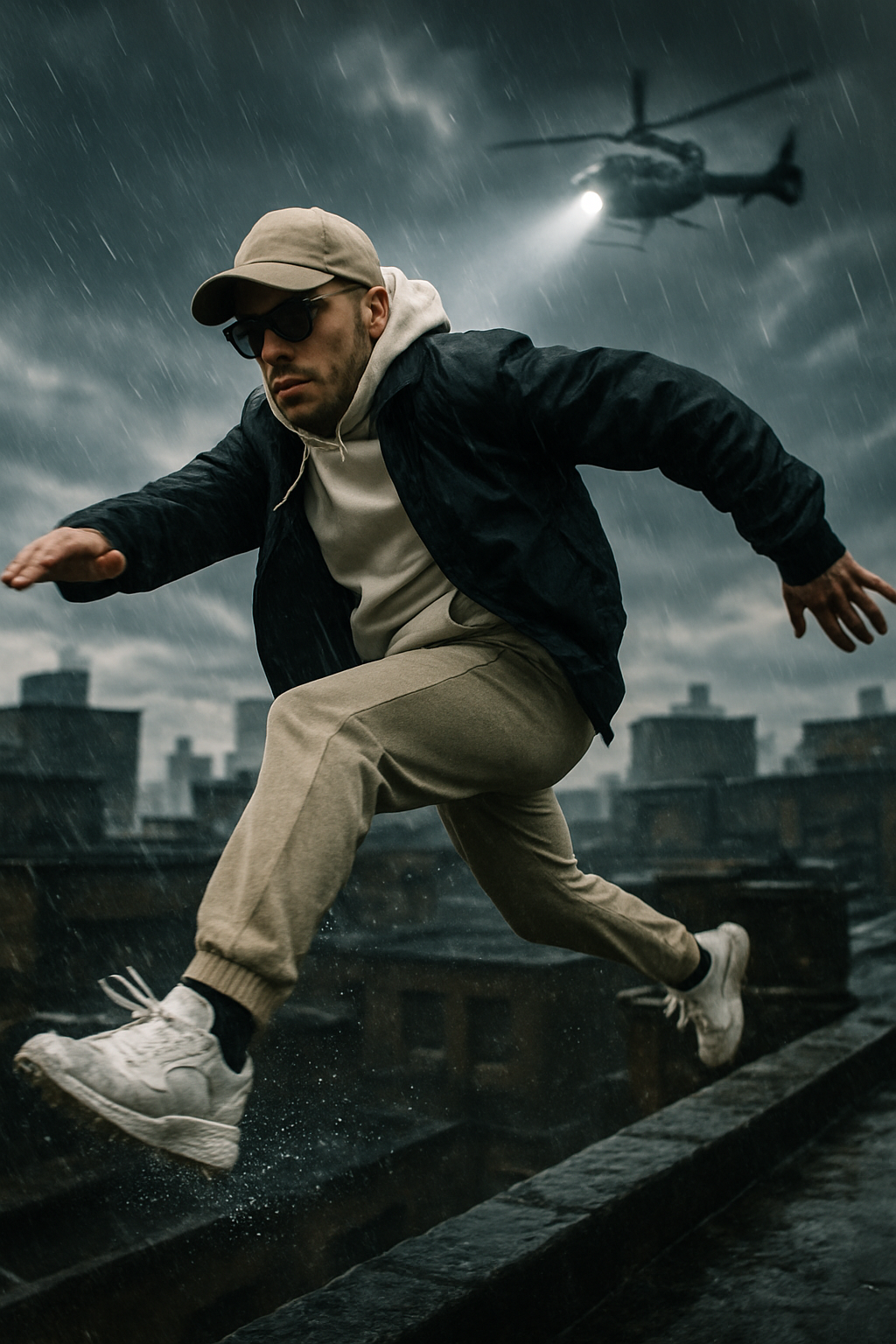 Cinematic Hispanic Man Urban Action Scene Jumping