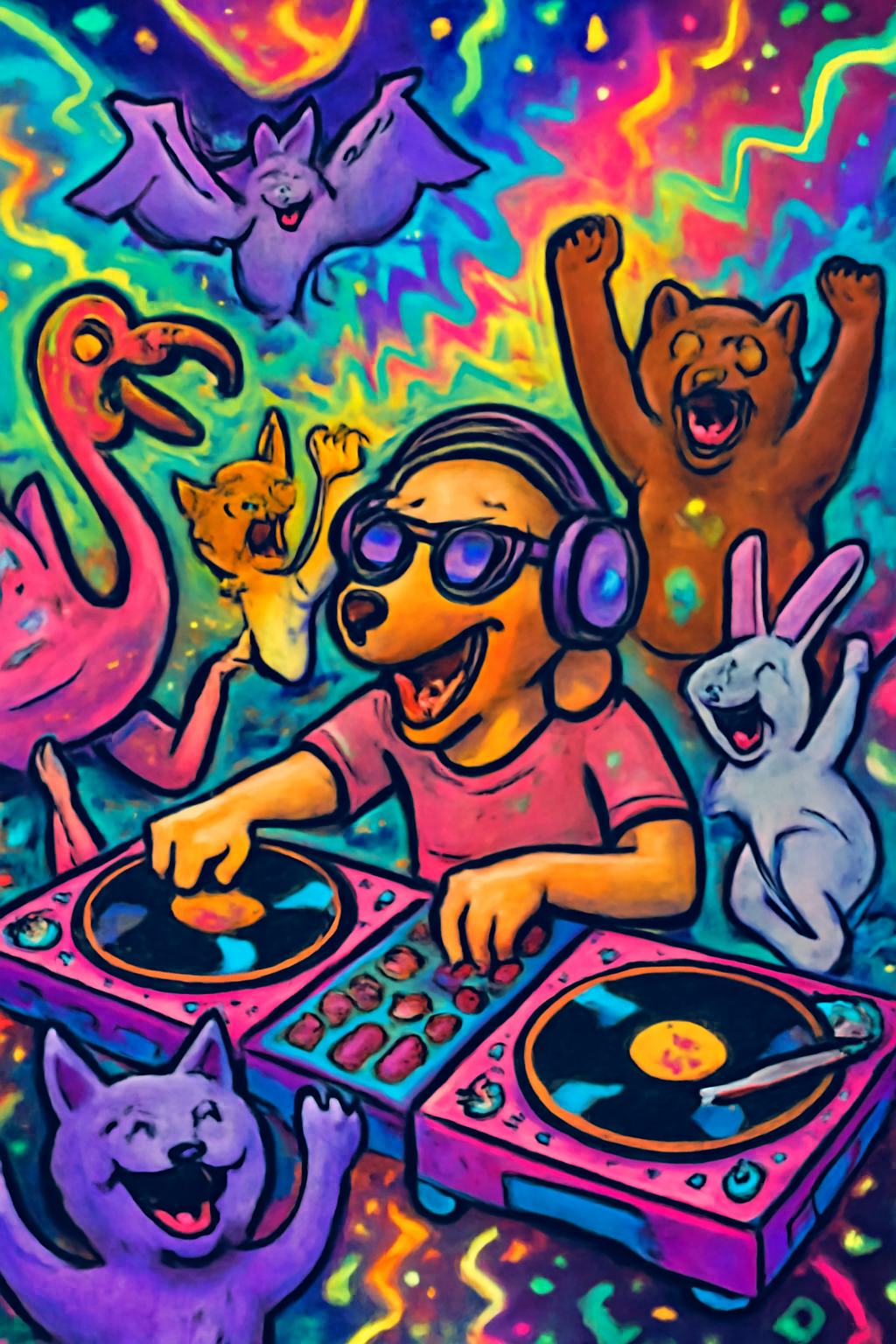 Colorful Cartoon Dog DJ Party Animals Illustration