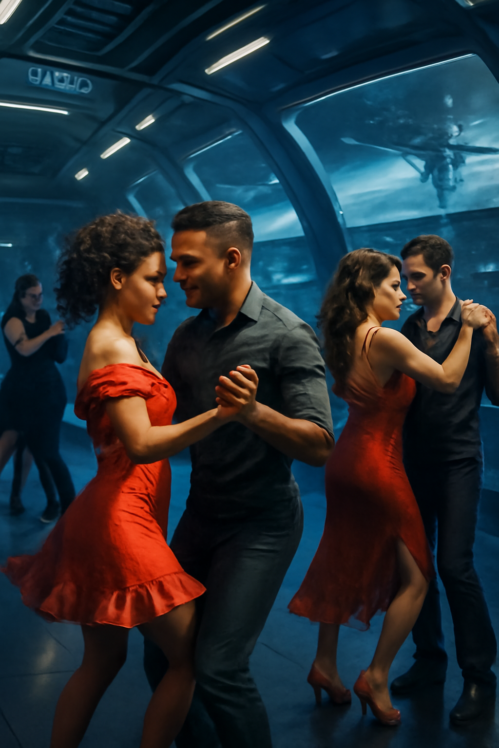 Latino Man Dancing with Hispanic Woman in Red Dress