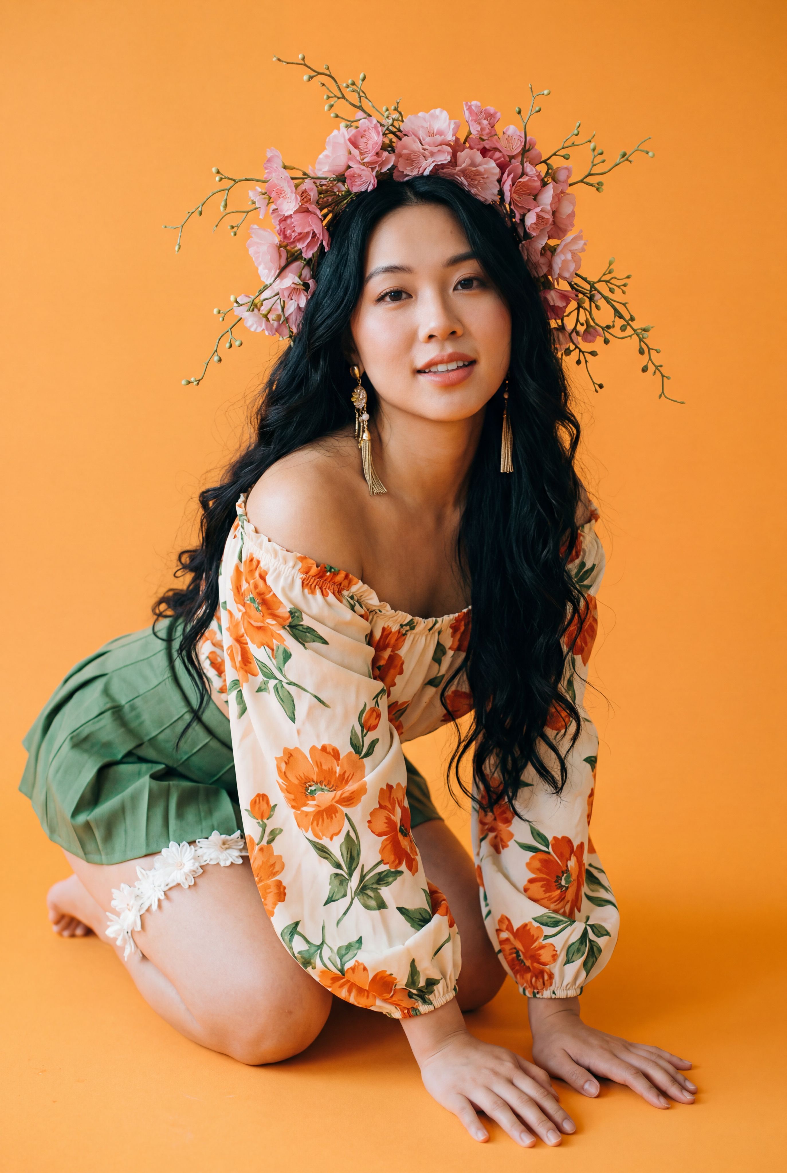 Asian Woman Floral Crown Orange Background Portrait