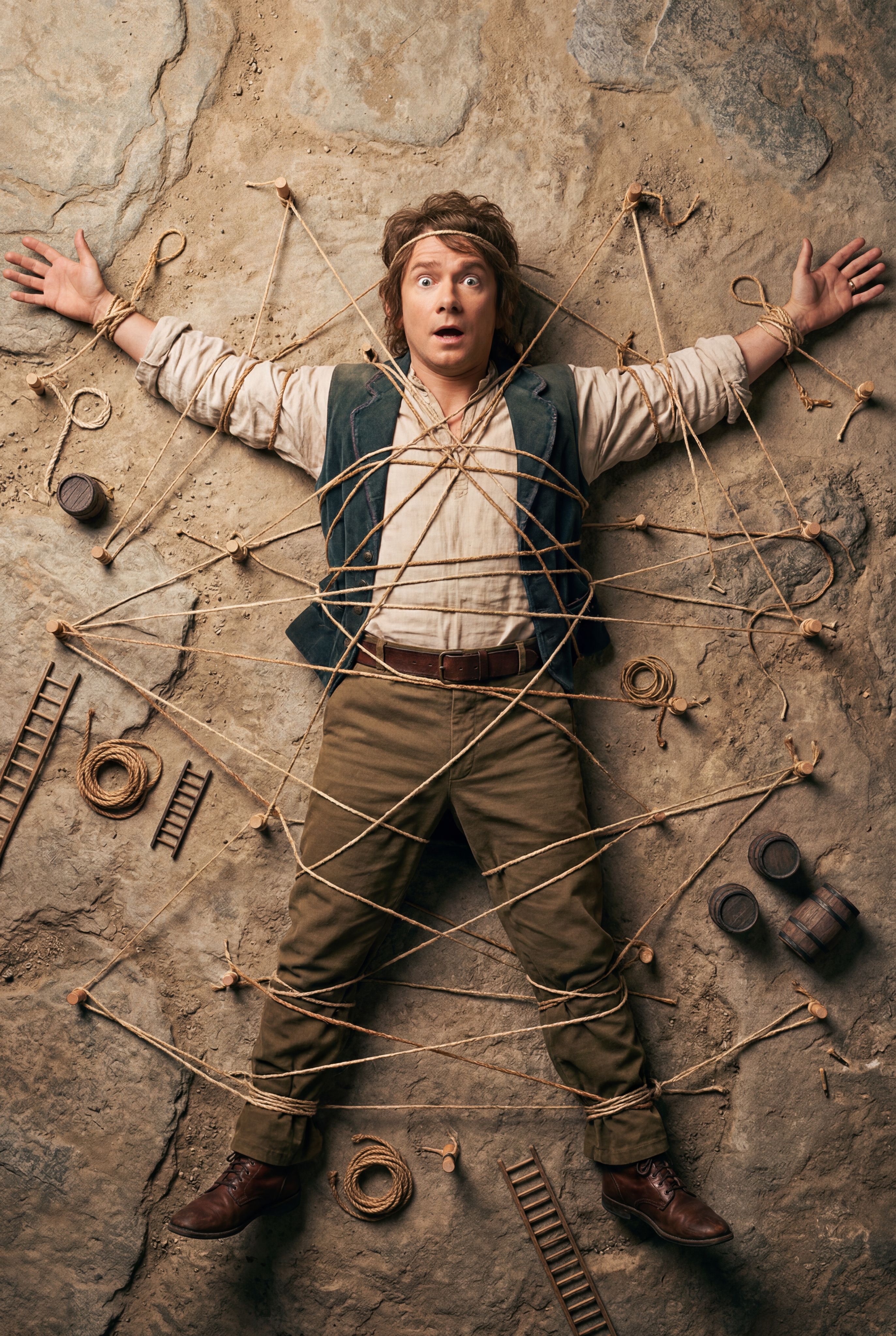 Caucasian Man Surprised Expression Rope Trap Scene