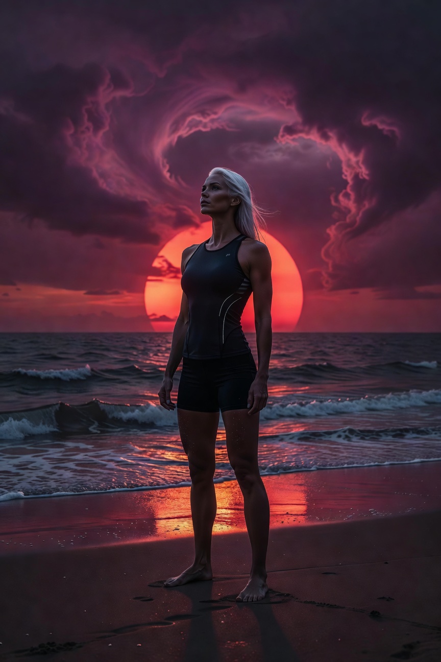 Cinematic Caucasian Woman Beach Sunset Portrait