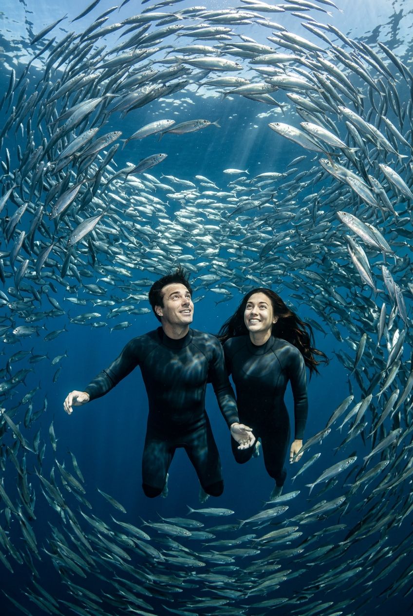 Couple Hispanic Man Woman Underwater Fish School