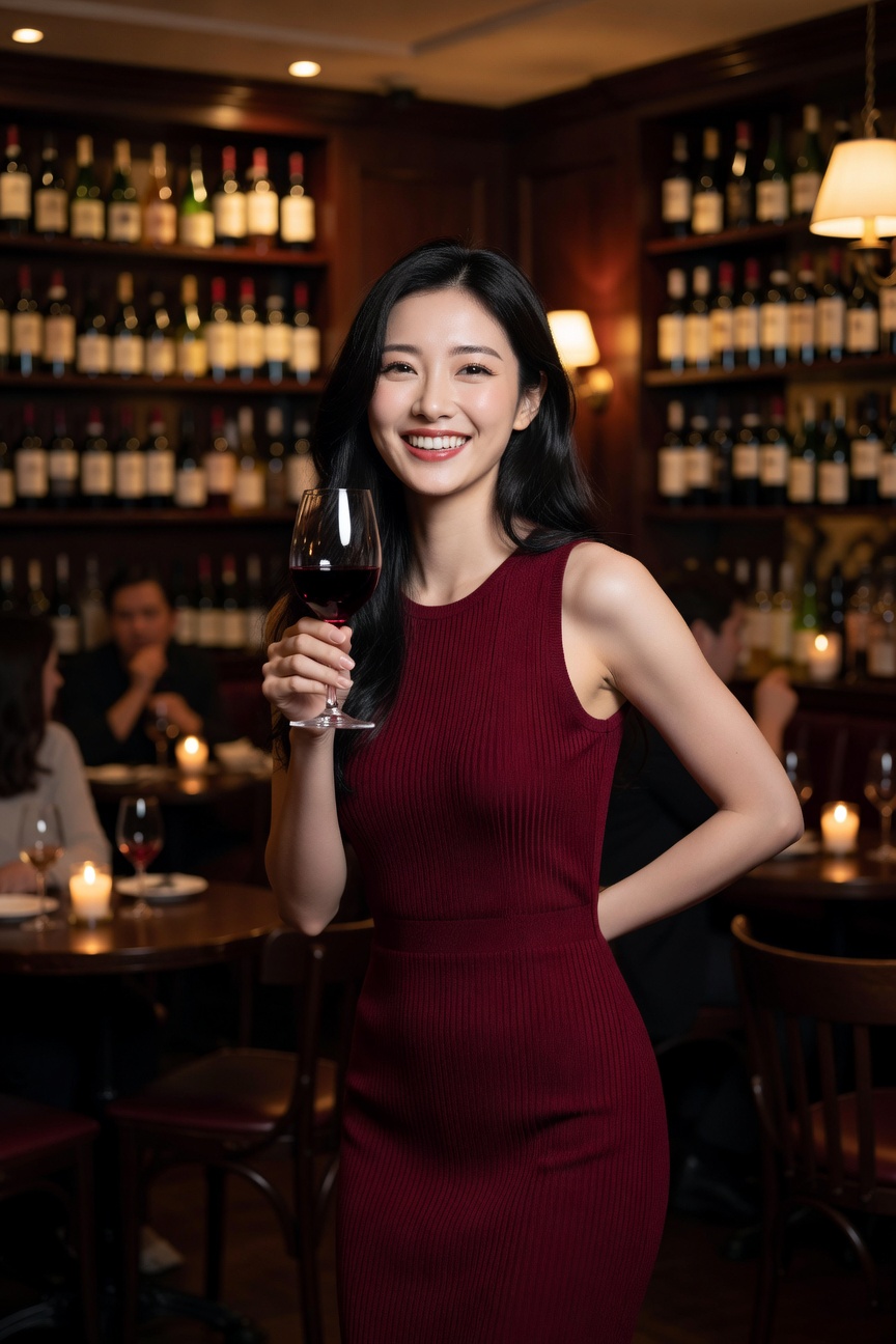 East Asian Woman Elegant Wine Bar Portrait