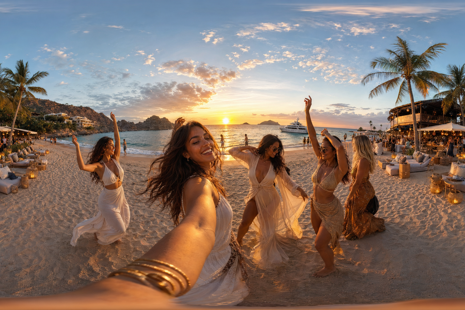 Group of Hispanic Women Dancing Beach Sunset Celebration