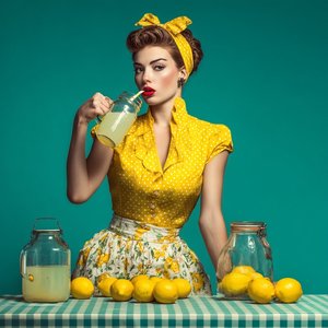 Cinematic Caucasian Woman Retro Lemonade Portrait