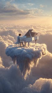 Surreal Pianist Floating Clouds Dreamy Landscape