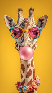 Giraffe Wearing Sunglasses Bubble Gum Portrait