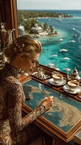 Cinematic Caucasian Woman Elegant Golden Dress Writing