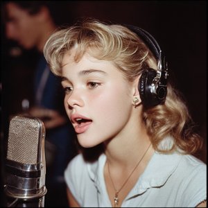 Young Caucasian Girl Singing Vintage Microphone Portrait