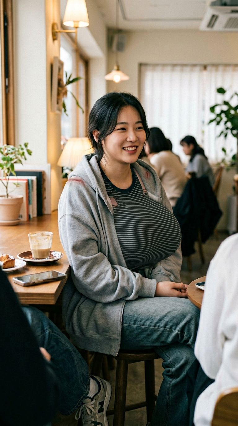 Asian Woman Smiling in Cozy Café Setting