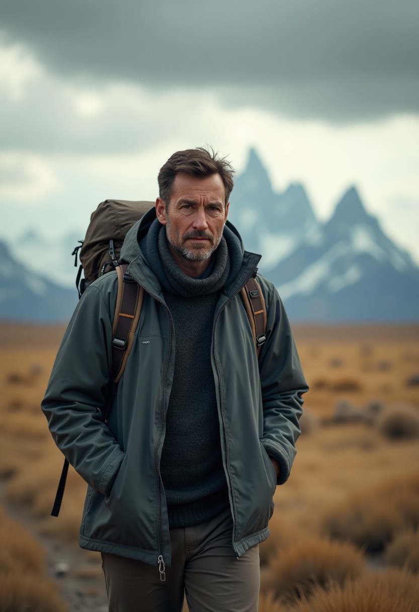 Caucasian Man Hiking Mountain Landscape Adventure