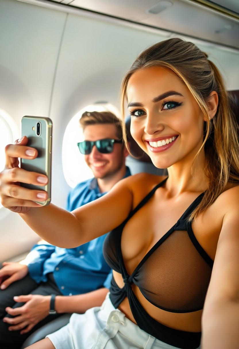 Caucasian Woman Taking Selfie on Airplane