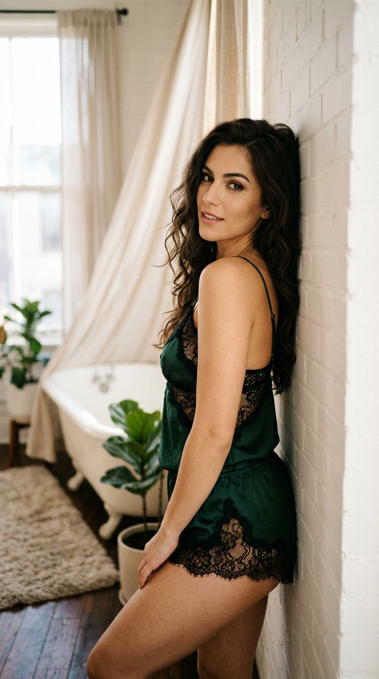 Hispanic Woman Boudoir Photography Elegant Green Lingerie