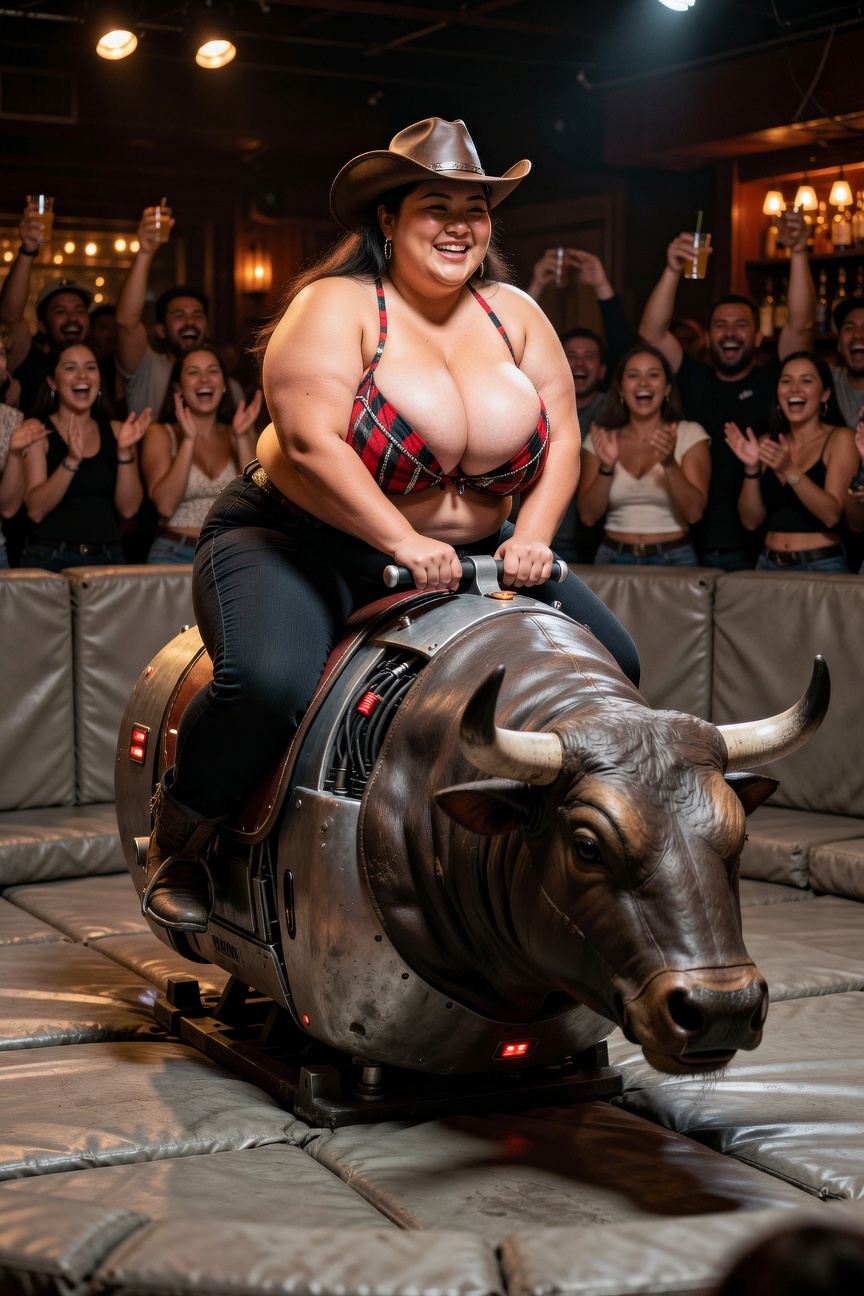 Hispanic Woman Riding Mechanical Bull Nightclub Scene