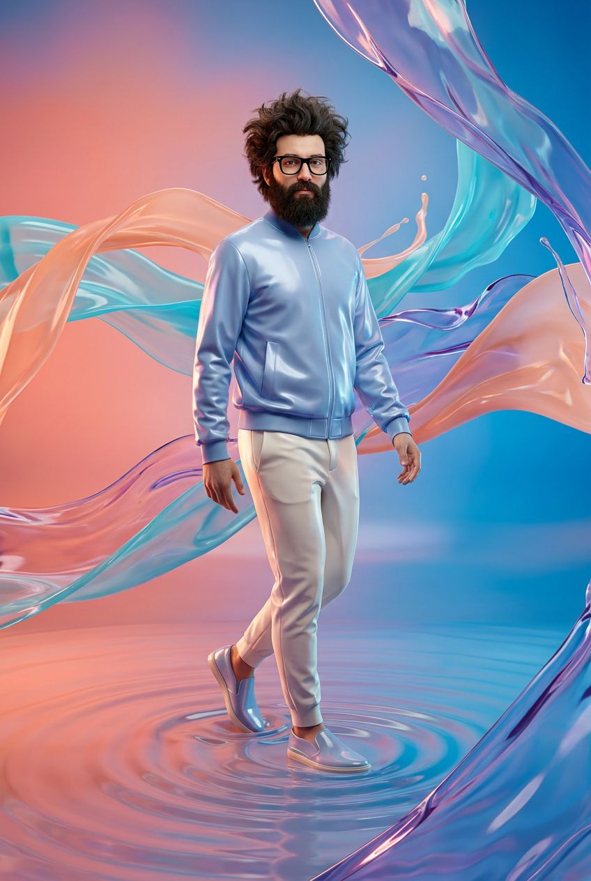 Stylish Caucasian Man Walking in Colorful Liquid