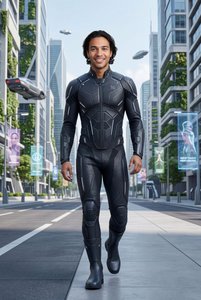 Asian Man Futuristic Urban Scene Walking Portrait
