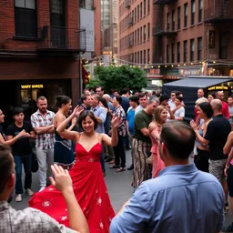 Hispanic Woman Dancing Red Dress Urban Street Scene