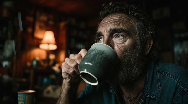Cinematic Elderly Man Drinking Coffee Portrait