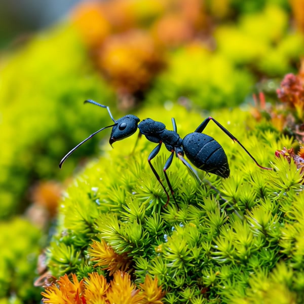 Macro Ant on Vibrant Green Moss Close-Up
