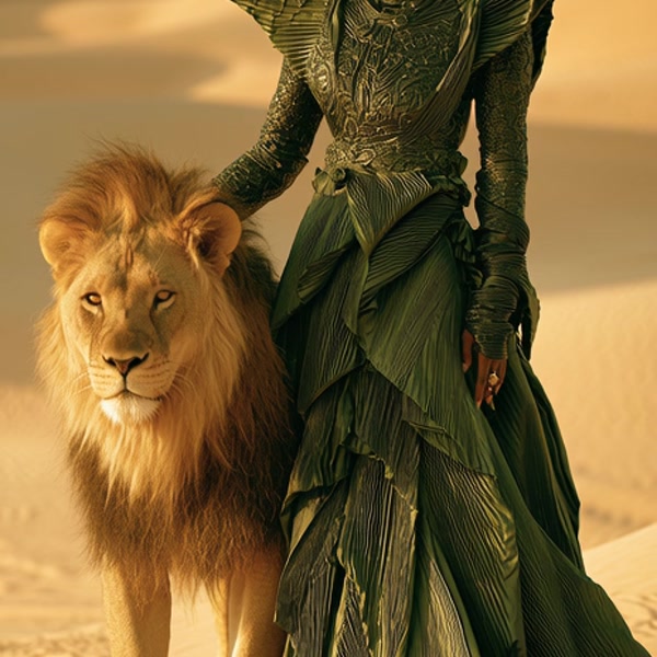African-American Woman Elegant Green Dress Lion Portrait