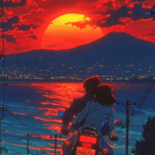 Romantic Anime Couple Sunset Motorcycle Ride