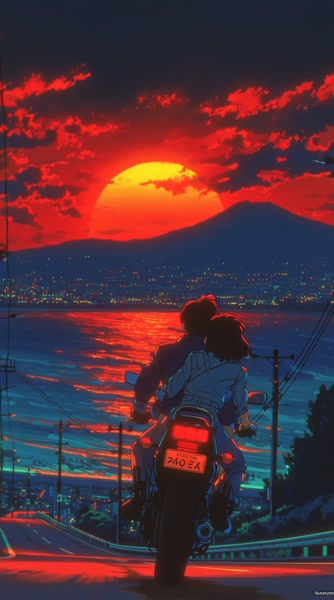 Romantic Anime Couple Sunset Motorcycle Ride